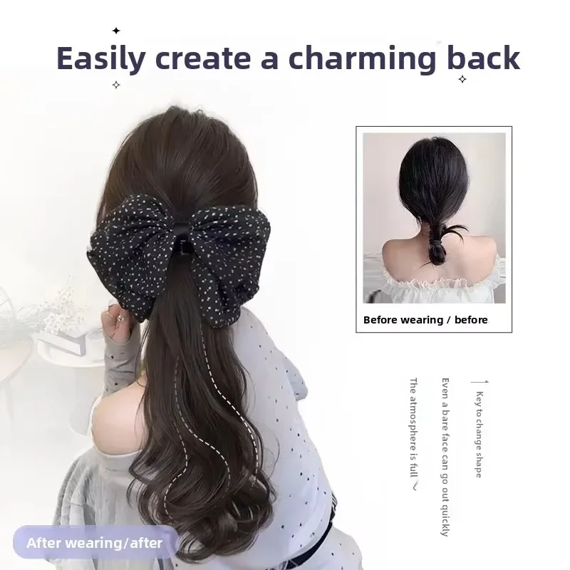 Body Wave Synthetic Claw Clip Ponytail Wig With Grab Clip Sweet Temperament Polka Dot Bow Ponytail Hairpiece For Daily Party Use