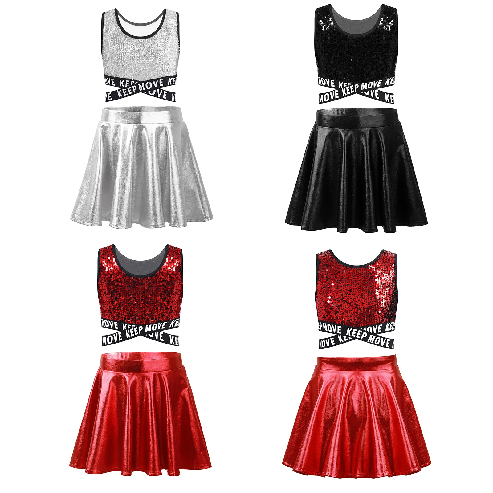 Kids Girls Jazz Cheer Dance Outfit Cheerleader Costume Sequins Crop Top Skirt for Cheerleading Uniform Dancewear Hip-hop Clothes