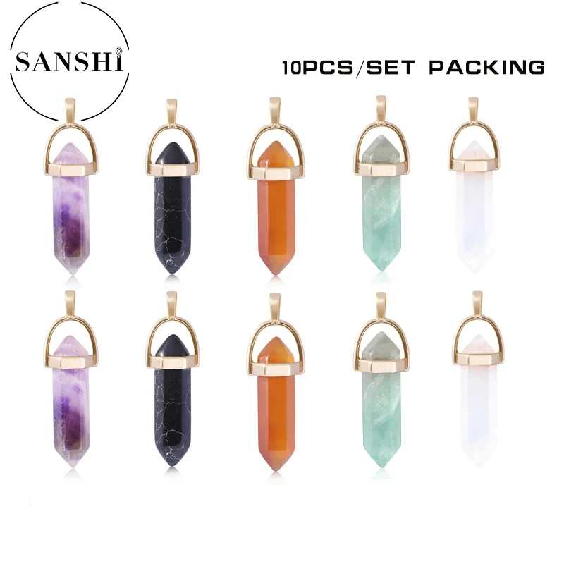 

10pcs/set Hexagonal Crystal Pendulum Pendants Necklace Quartz Natural Charms Healing Stone Crystal Pendants for Jewelry Making