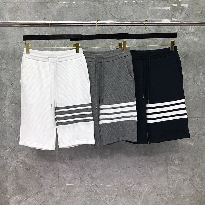 

TB THOM Shorts Summer Male Shorts Fashion Brand Cotton Waffle 4-Bar Stripe Casual Sports Trousers Jogger Track Shortpants