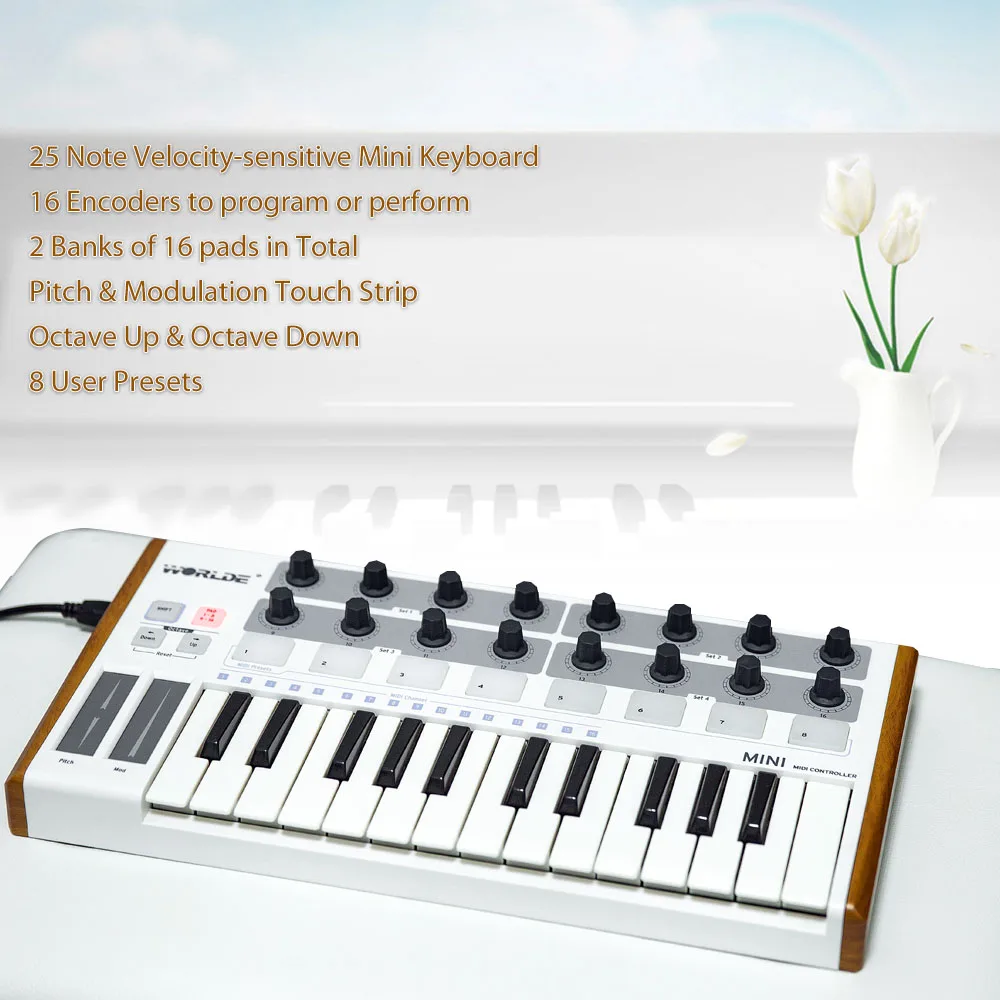 

25-Key MINI Ultra-Portable USB MIDI Keyboard Controller MIDI Controller 8 RGB Backlit Trigger Pads with 6.35mm Pedal Jack