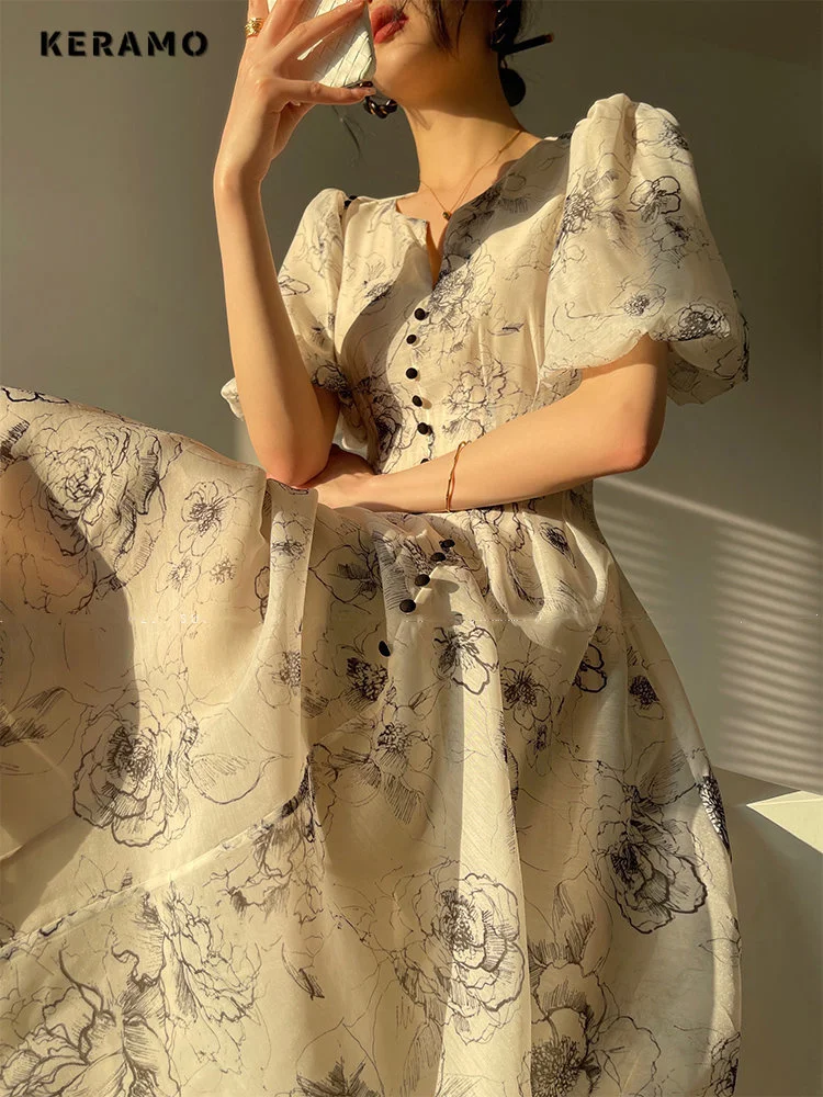 

Ladies Vintage Floral A-Line Dresses 2023 Summer New Waist Puff Sleeves Printed Midi Dress For Women French Clothing