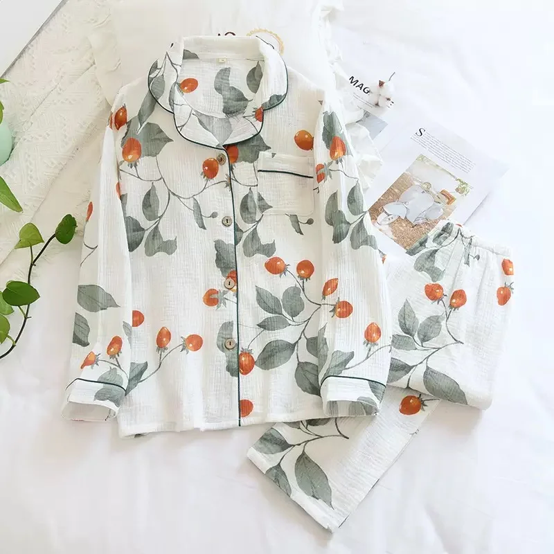 Premium Cotton Gauze Polka Dot Women's Pajama Set - Elegant 2-Piece Loungewear