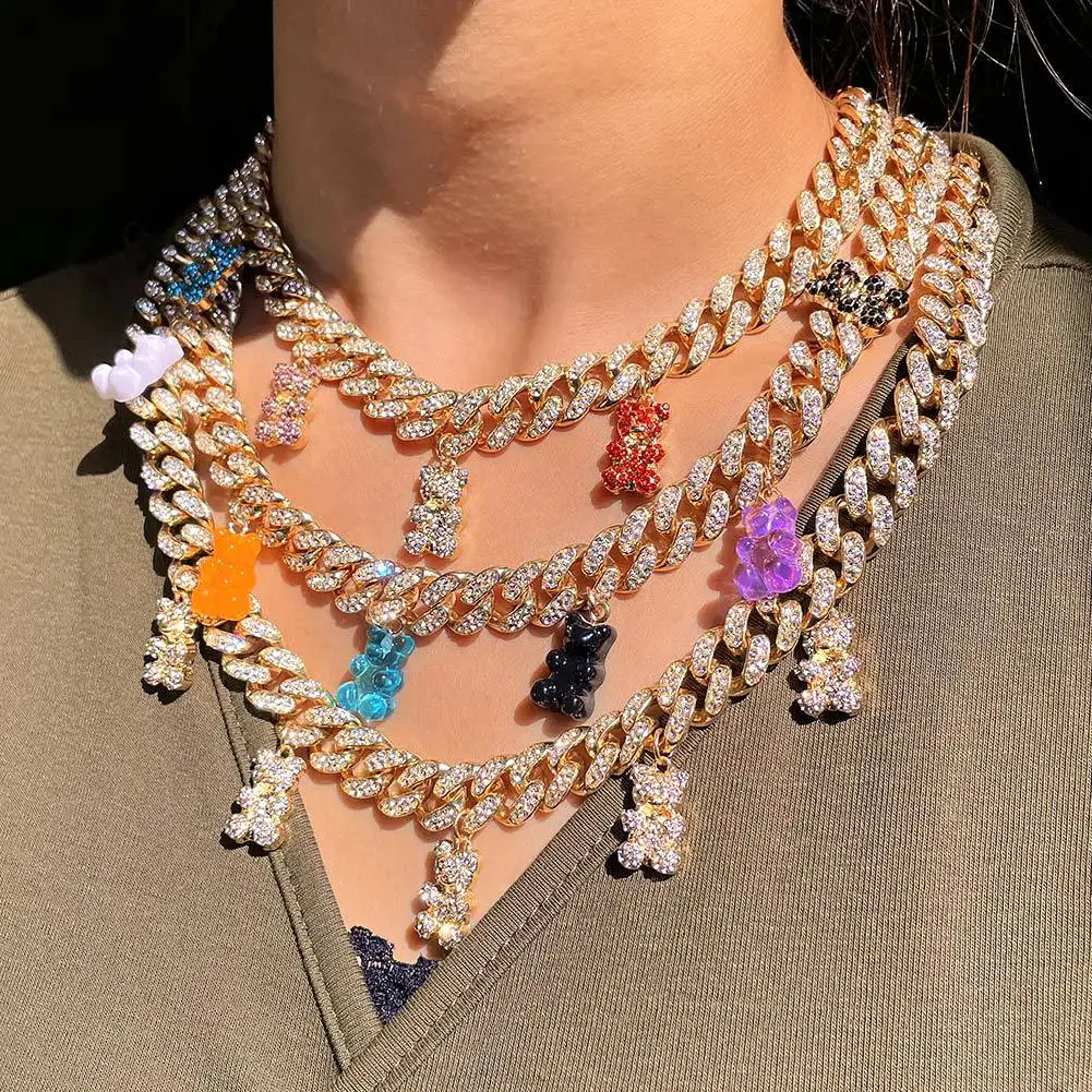 

Cuban Color Gold Knitted Necklace Ice Acrylic Crystal Bear Girl Pendant Personality Hip Hop Women's Jewelry