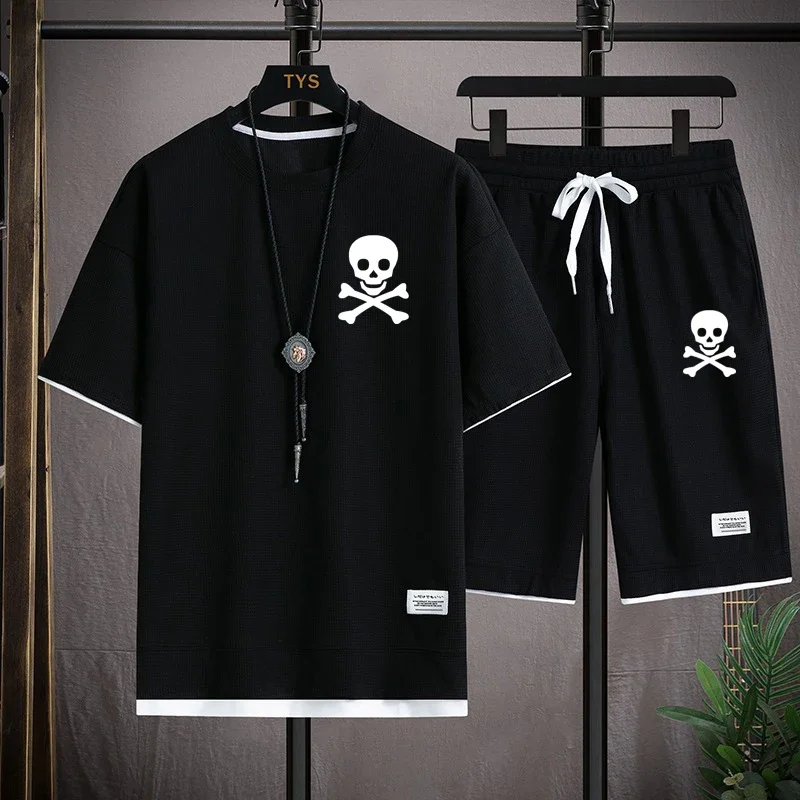 

2024 Summer crew-neck short-sleeved men's casual sports suit Loose T-shirt shorts Waffle style clothing personality streetwear