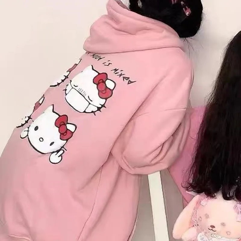 Sanrio Hello Kitty Blue Pink Cute Sweatshirt For Women Y2k Fashion Loose Oversize Hooded Hoodie Korean Style Tops Clothes