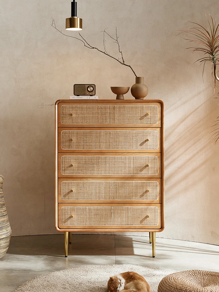 

Nordic Solid Wood Rattan Woven Dining Side Drawer Storage Storage Japanese Style Hallway Cabinet