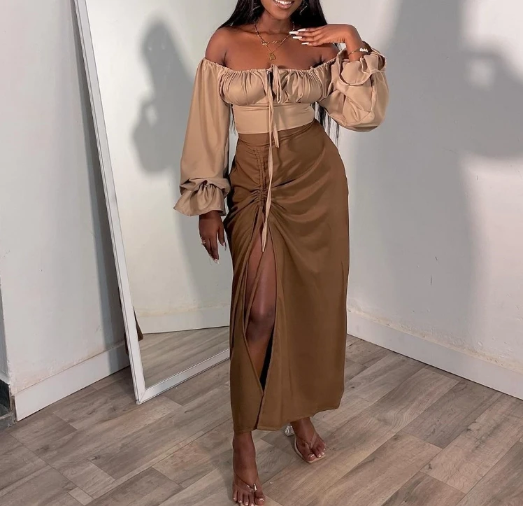 Women's Two-Piece Set Square Necked Flared Sleeve Short Top Split Skirt Set Lace Up Medium Length Skirt Fresh Sweet Skirt Set