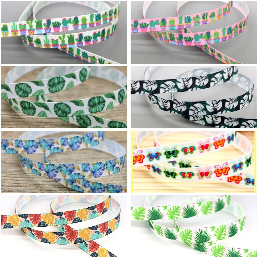 DHK 3/8'' 5yards Tropical Butterfly Cactus Flowers Printed Grosgrain Ribbon Headwear Hair Bow Diy Party Decoration 9mm E2180
