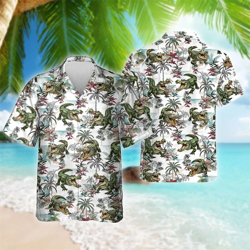 

Horror Animal Crocodile 3D Print Shirts For Men Clothes Casual Hawaii Short Sleeve Aloha Boy Blouses Alligator Lover Lapel Tops