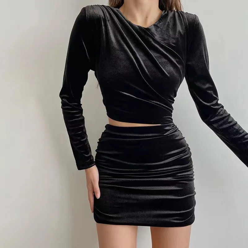 French padded suede long sleeve dress 
