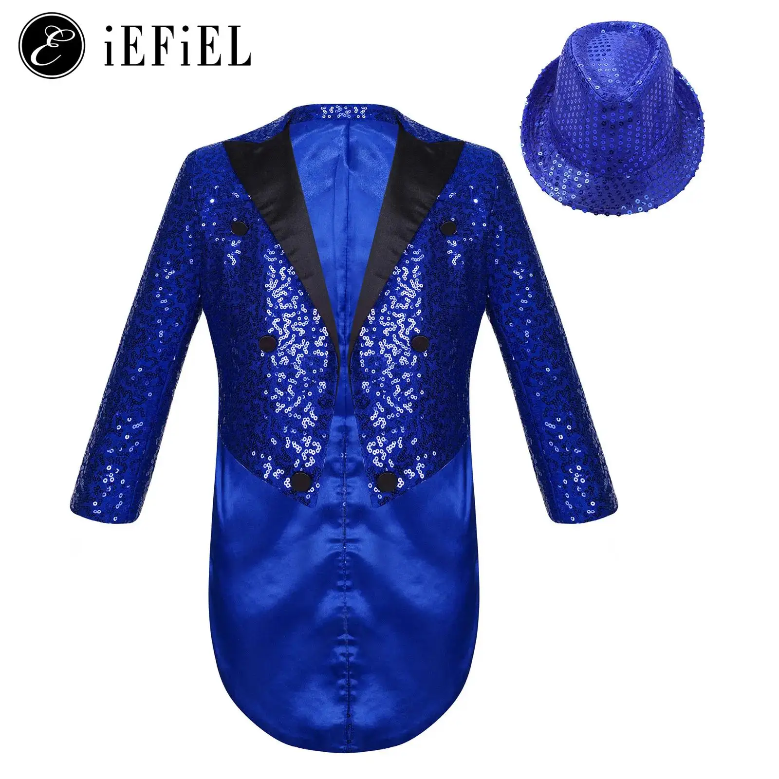 

Kids Boys Girls Modern Jazz Hip-hop Dance 2 Pcs Outfit Full Sequins Tailcaot Jacket with Hat Shiny Jr. Magician Cosplay Sets