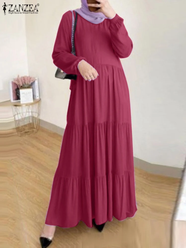 

ZANZEA Fashion Party Muslim Sundress Woman Casual Loose Dress Long Sleeve O-Neck Dresses Female Elegant Dubai Maxi Vestido 2023