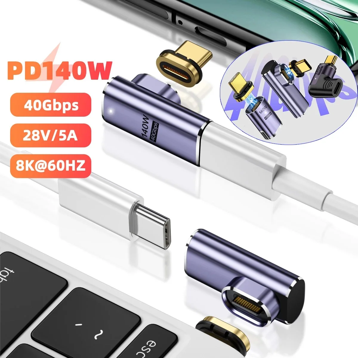 PD140W USB4.0 40Gbps 썬더볼트3 마그네틱 어댑터 USB C to C 고속 충전 마그넷 컨버터 케이블 8K@60Hz USB C 타입 어댑터