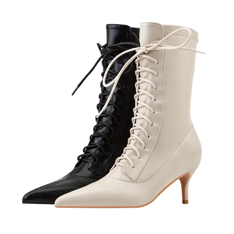 Autumn Winter Ankle Women Boots Sexy Pointed Toe Pole Dance High Heels Pumps Fashion Zip Lace-up Chelsea Shoes Female Size 35-43