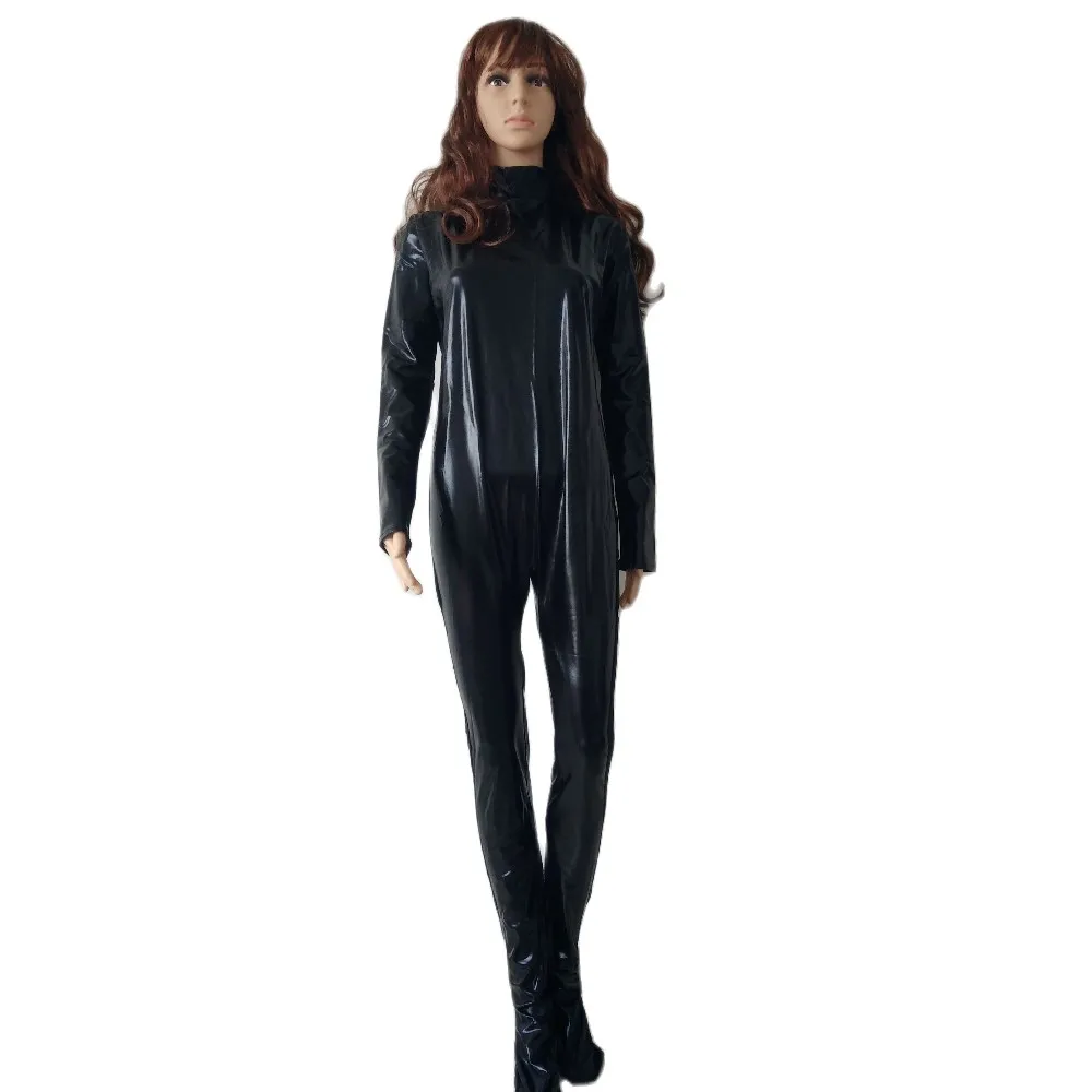 

Side mesh yarn Sexy Tight Second Skin jumpsuit Zentai Catsuit Metallic Shiny black color