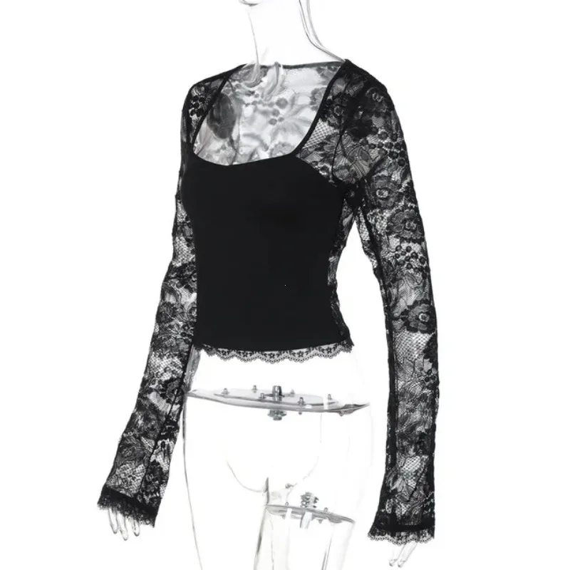 Sexy Club Lace Patchwork Slim Tshirts Women Square Neck Long Sleeve Mesh Semi-see-through Elegant T-Shirt Party Club Tees