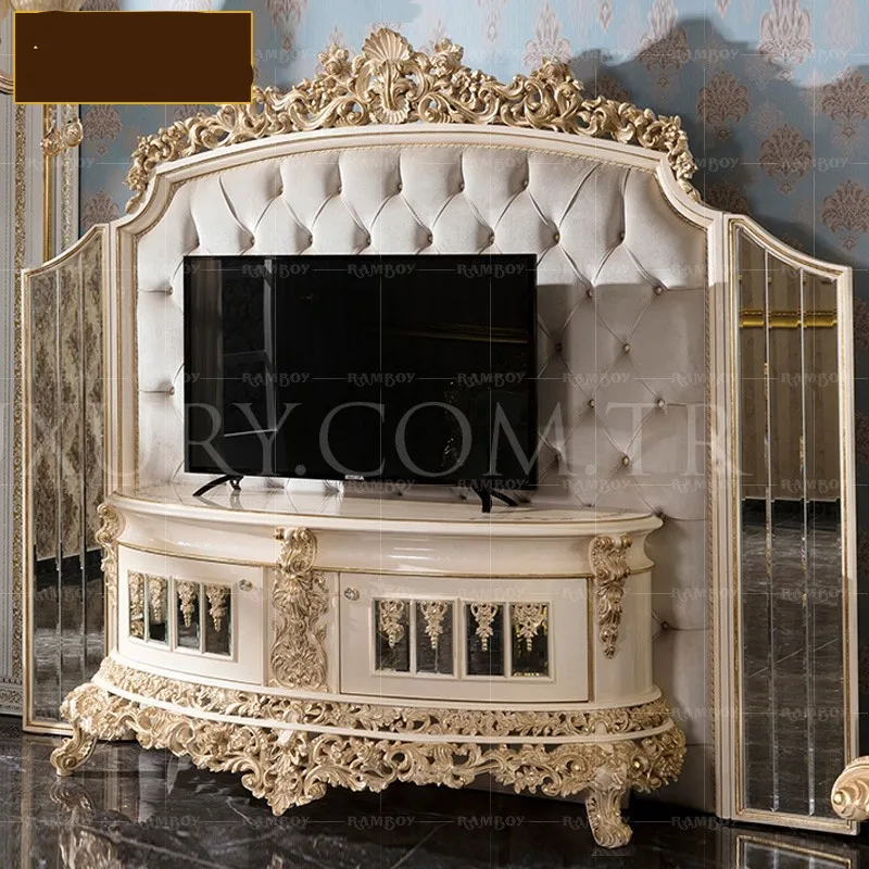 

European-style solid wood TV cabinet decorative wine combination living room background wall French lockers
