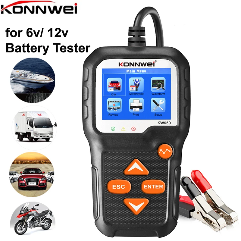 

Professional KONNWEI KW650 Car Motorcycle Battery Tester 12V 6V Battery System Analyzer 2000CCA Charging Cranking Test Tools