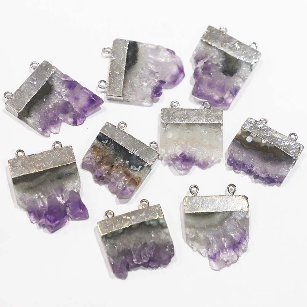 Fashion Natural Stone Uruguay Amethyst Irregular Double Buckle Necklace Pendant Energy Healing Gemstone Chakra Halo Jewelry 4Pcs