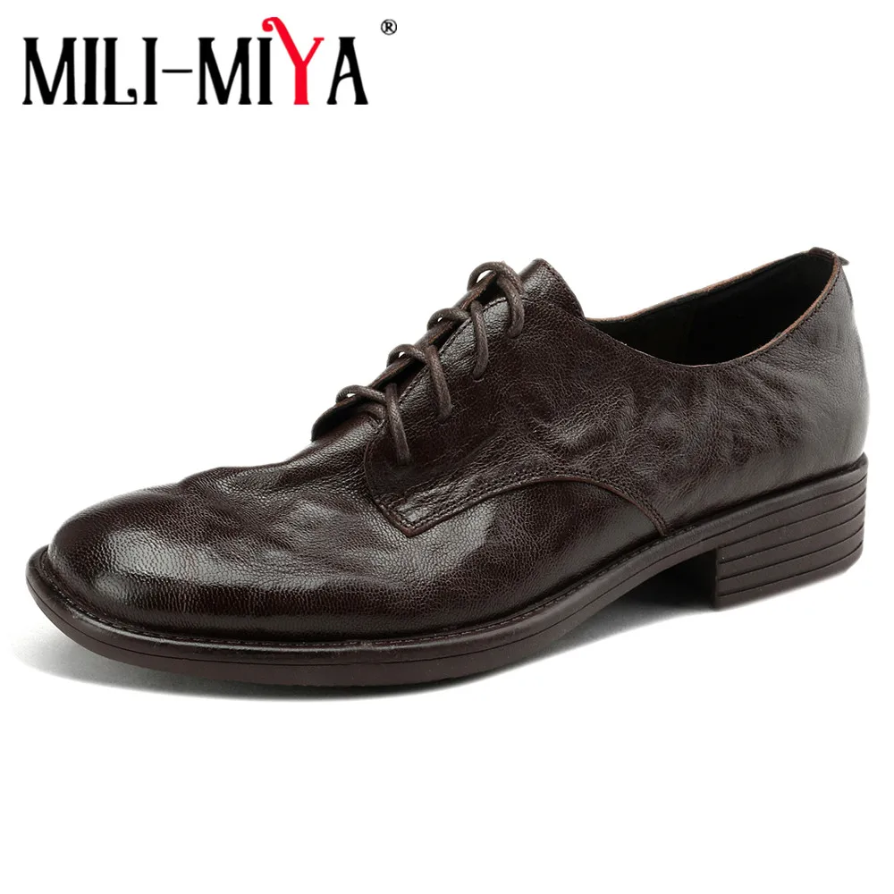 

MILI-MIYA New Arrival Classic Concise Design Women Soft Cow Leather Pumps Round Toe Lace Up Solid Color Big Size 34-40 Casual