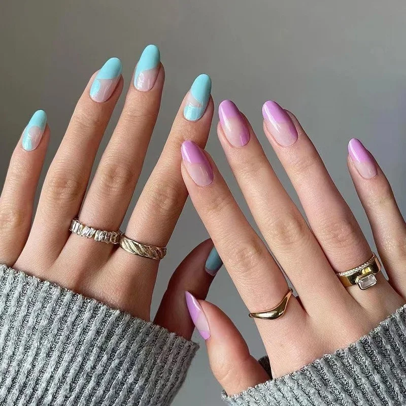 Almencla-puntas francesas para Uñas postizas, diseño de rayas púrpuras  brillantes, uñas acrílicas Nude, prensa para manicura artística DIY -  AliExpress