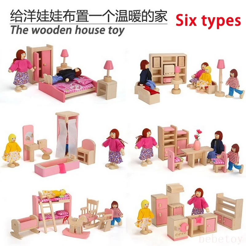 

Wooden Pink Miniature Dollhouse Furniture Kids Toys Set Bedroom Kitchen Dinner Living Room Bathroom Pretend Play Toy For Girls