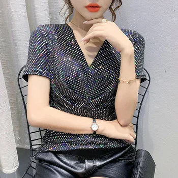 Summer Tops Short Shinny T Shirt Women V Neck Folds Sexy Skinny Sequined T Shirt Female Short Sleeved Tee Shirt Femme Tide 1