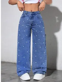 women high waist denim jeans ladies fashion beading straight pants