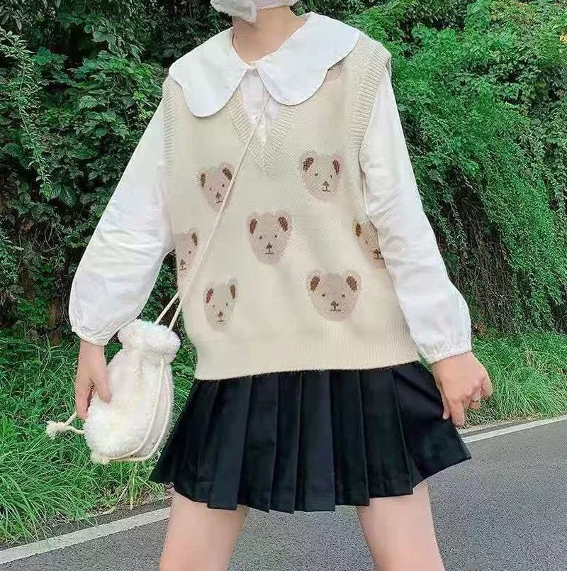 

Kawaii Sweet Sweater Vest Women Cute Bear 2024 New Vest Female College Style Loose V-neck Korean Knitted Vest Tank Cropped Tops