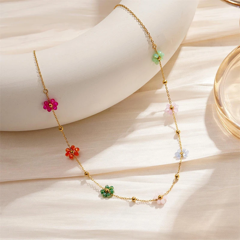 Gold Plated Stainless Steel Waterproof jewelry sets Colorful Artificial Crystal Flower Chain for Women Gift