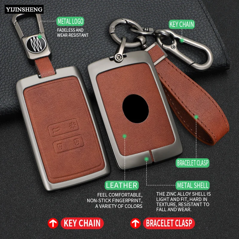 4 Button Zinc Alloy + Leather Car Key Case Cover Skin Holder For Renault Koleos Kadjar Captur Megane Clio Scenic Talisman Arkana — view 3