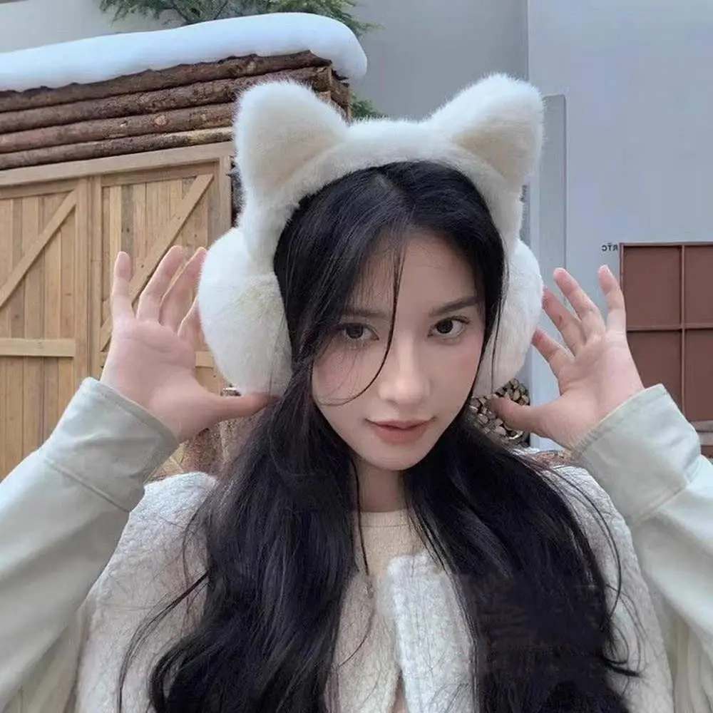 Cute Cat Earmuffs For Women Girls Korean Winter Plush Warm Ear Warmers Retractable Foldable Soft Furry Earlap Cycling Ear Covers