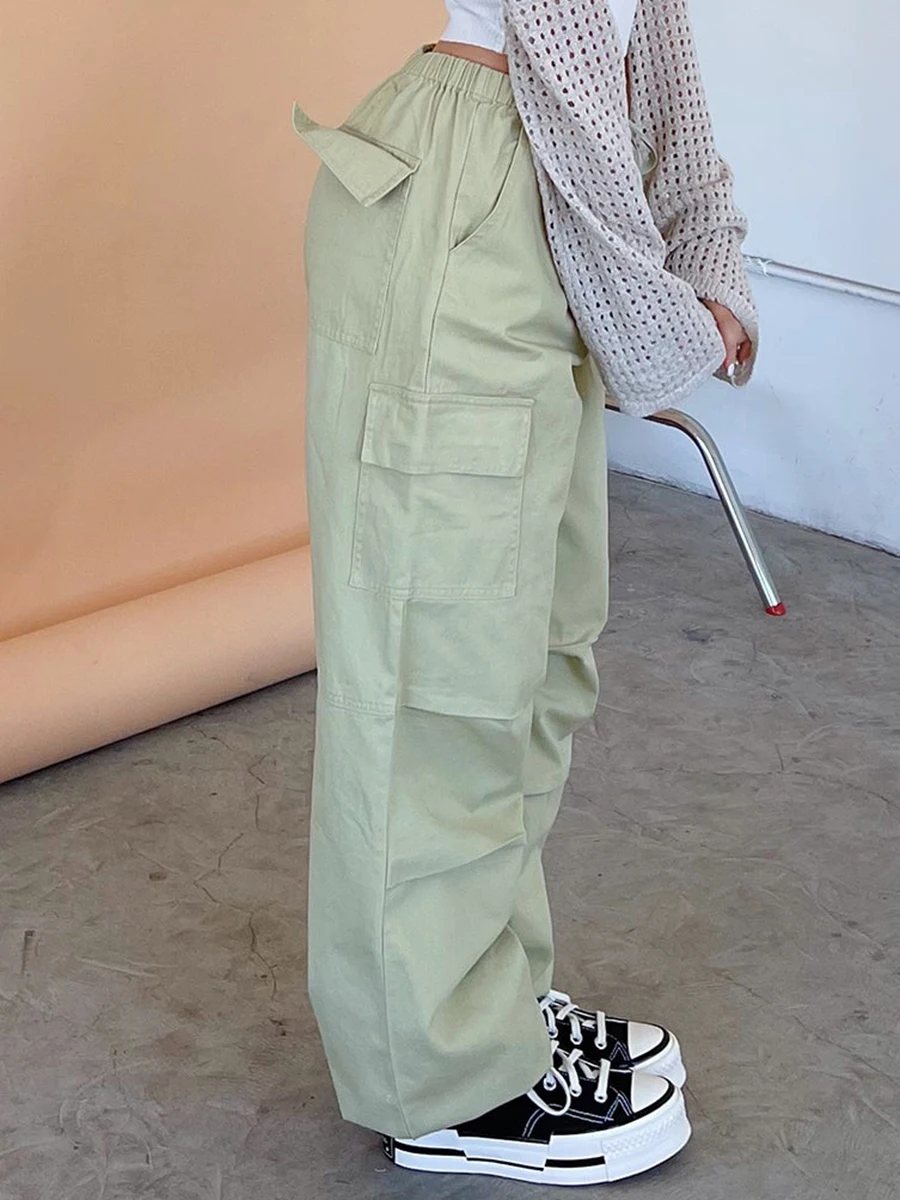 Women Baggy Pants Solid Color Drawstring Waist Cargo Pants Multiple Pockets Jogger Pants