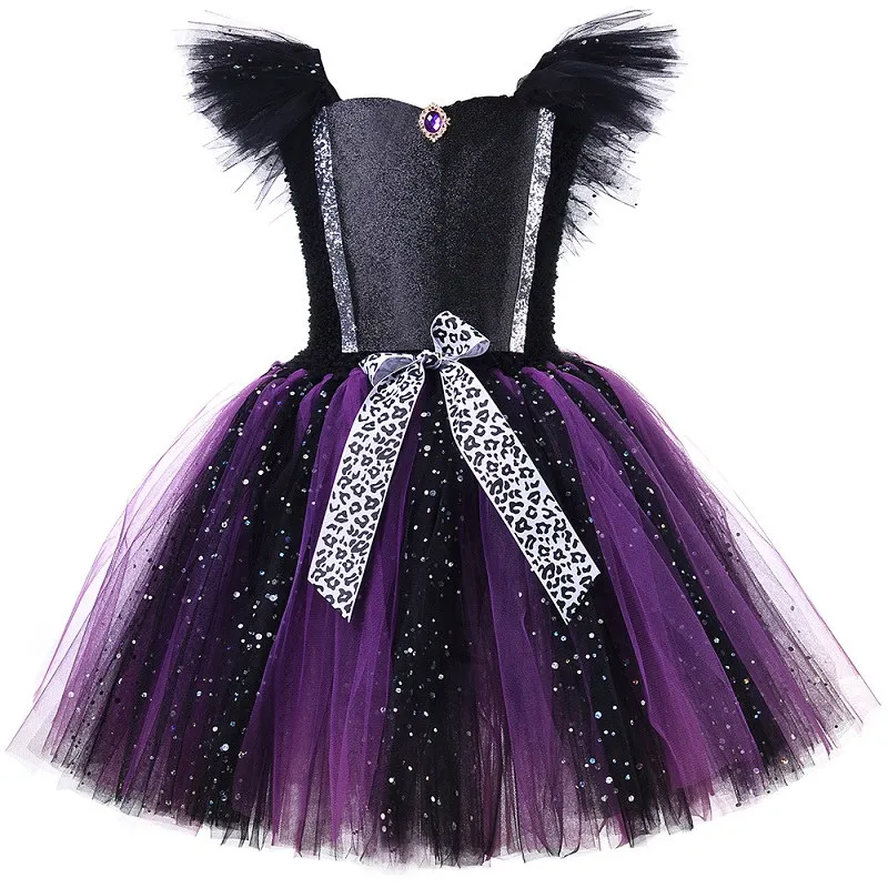 thumbnail image 1 of Vestido con tutú de la Reina Malvada Malefice para niñas, con alas de cuernos, vestido de fantasía brillante para niñas, disfraz de bruja oscura del diablo para Halloween para niños, 1 of 5