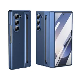 Multi - Feature Hard Phone Case with Hinge Protection, Pen Slot, Stylus, and Front Tempered Protective Film - Galaxy Z Fold4 (Blue)