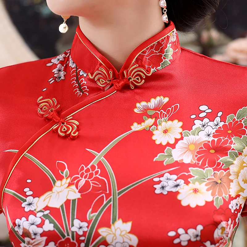 Chinese Dress Sexy Flower Print Cheongsams Long Qipao Lady Chinese Style Dress Satin Costume