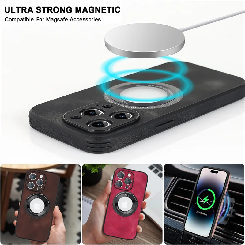 Luxury Sheepskin Leather Magnetic Phone Case with Wireless Charging Capability