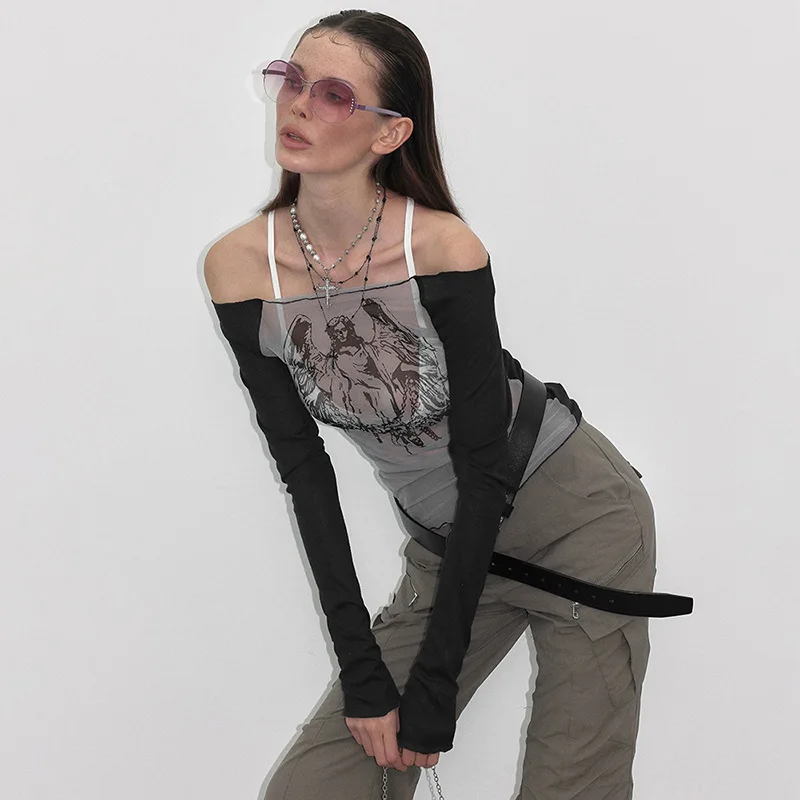 Fashion Knitted Mesh Character Print Graphic T Shirts Casual One-Piece Neckline Long Sleeve Women Clothes See-Through Y2k Top