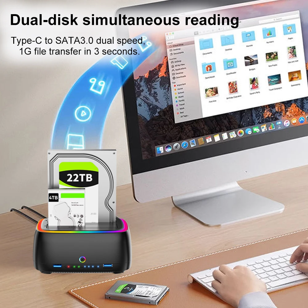 RGB 듀얼베이 HDD 도킹 스테이션 SATA to USB 3.0 어댑터 2.5/3.5인치 HDD 케이스 원클릭 오프라인 복제 하드 드라이브 인클로저