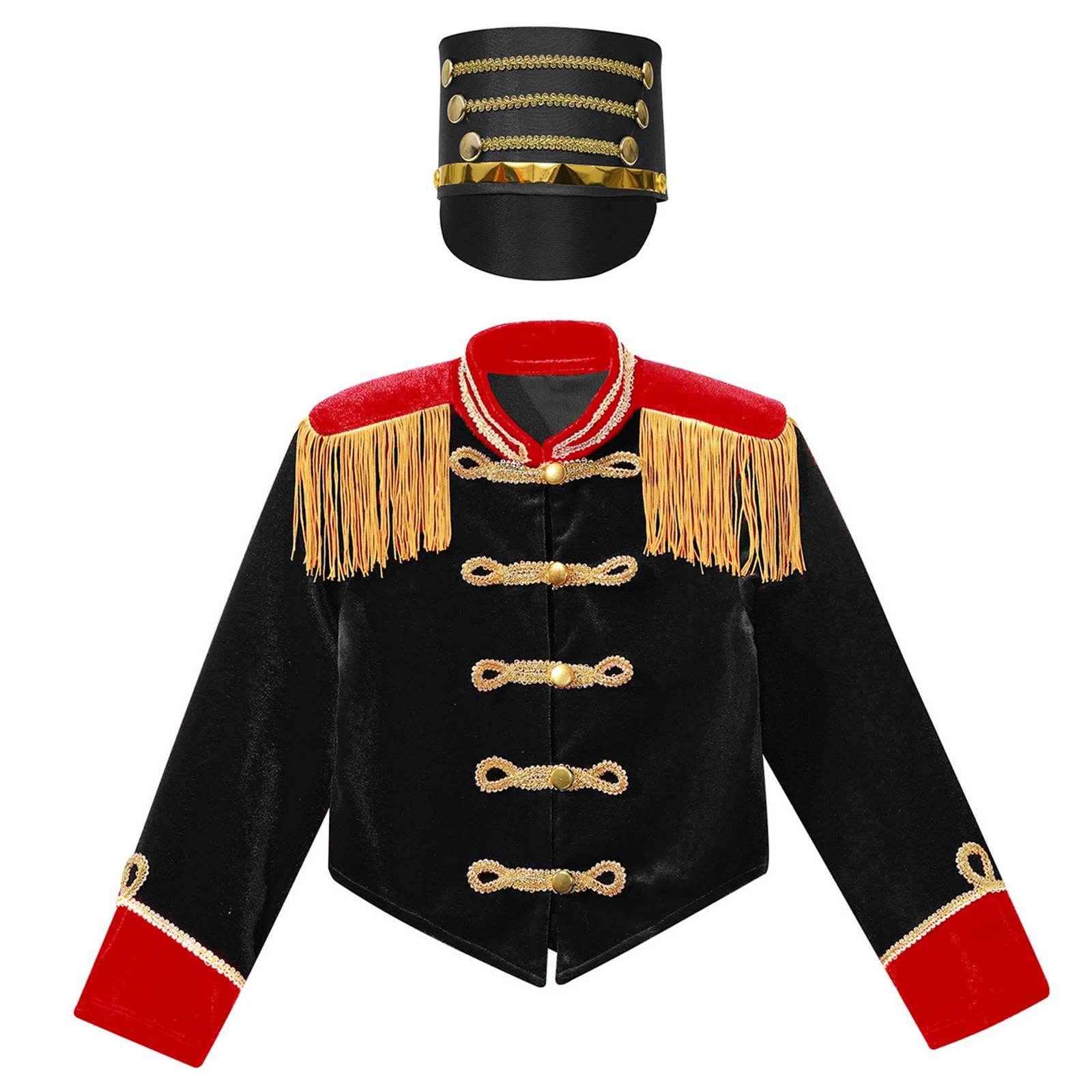 Teen Girls Circus Ringmaster Costume Circus Jacket Fringe Epaulet Drum Majorette Cosplay Tops with Drummer Hat Soldier Dress Up