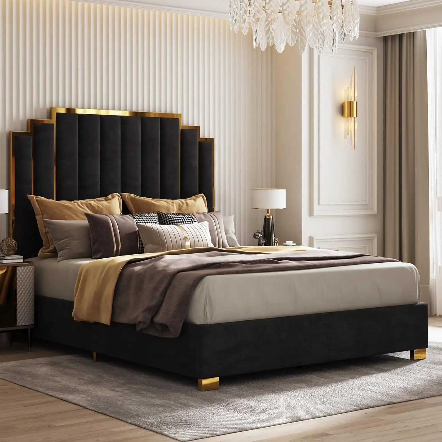 King Size Upholstered Bed, Velvet Beds Frame with 65.4” Tall Gold Trim Headboard, No Box Spring Needed, Bed Frame 3