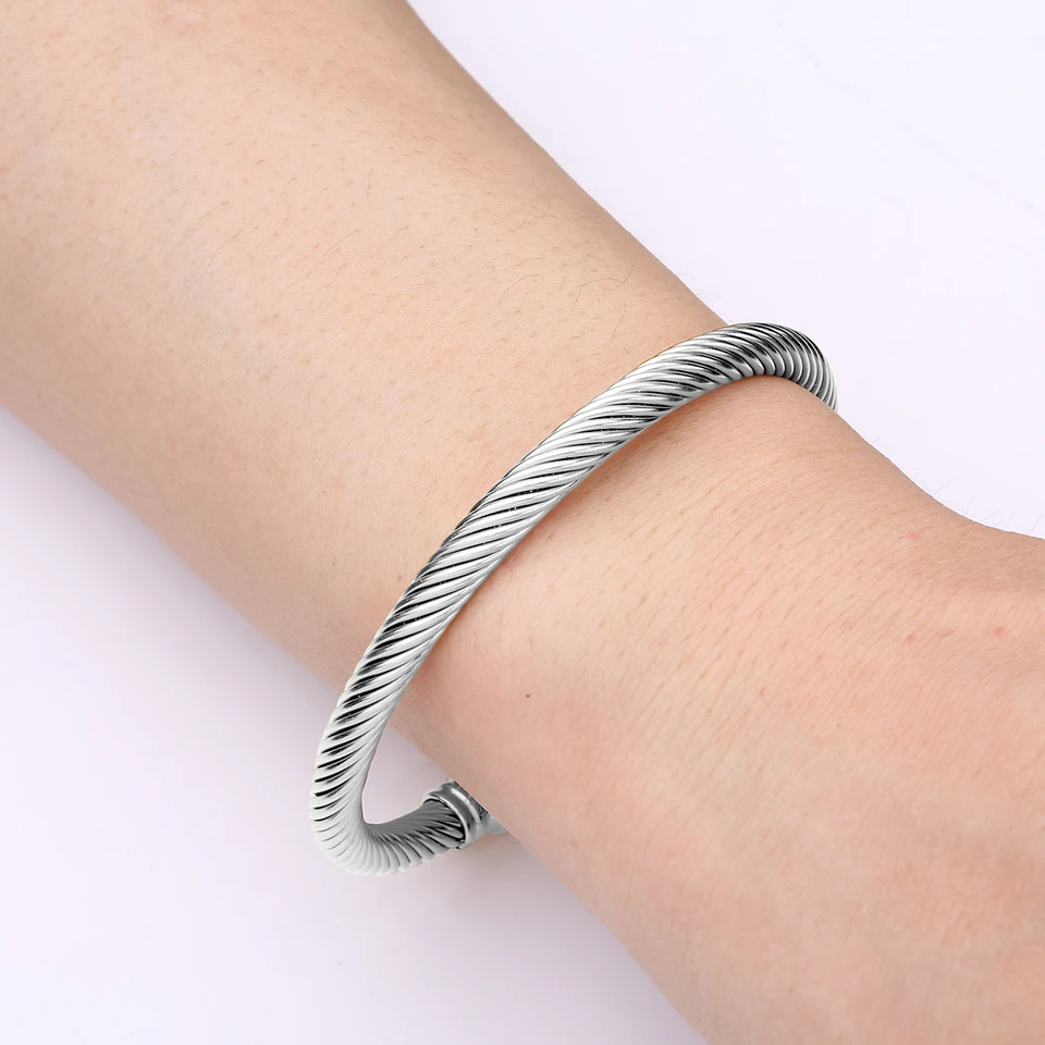 Adjustable Steel Twisted Cable Cuff Bracelet - Polished Stainless Steel Bangle With Beads For Men & Women