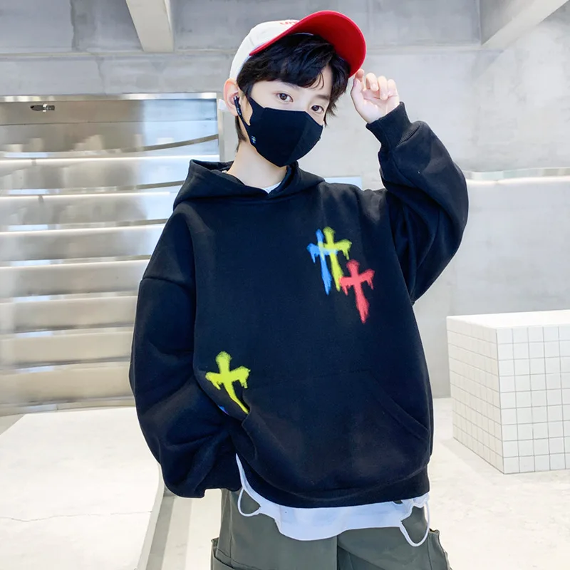 

Teenage Boys Hoodies for Pullovers Cotton Long Sleeve Tops Fashion Pattern Autumn Streetwear Black Khaki Clothes for Kids 5-14Y