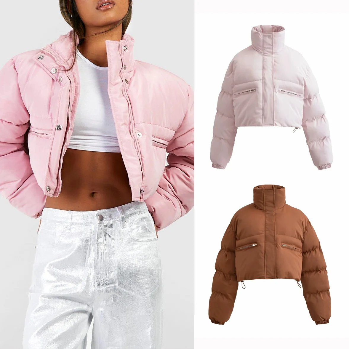 

2024 Winter Standing Collar Pocket Zipper Bread Clothes Short Cotton Coat Warm Jacket Women