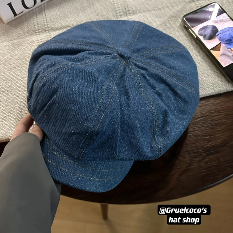 Women 8 Panels Denim Newsboy Cap Vintage Oversized Comfy