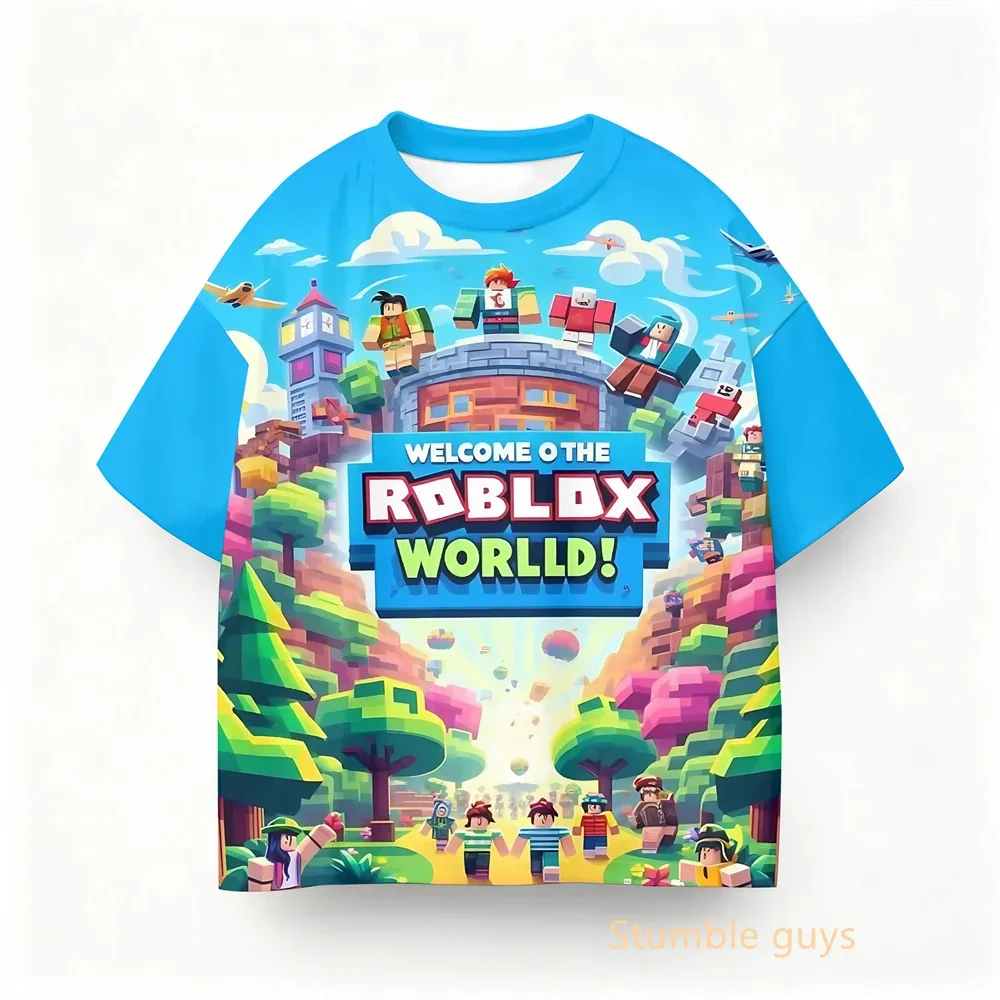 Roblox 어린이 여름 짧은 소매 애니메이션 탑 소년 의류 소녀 게임