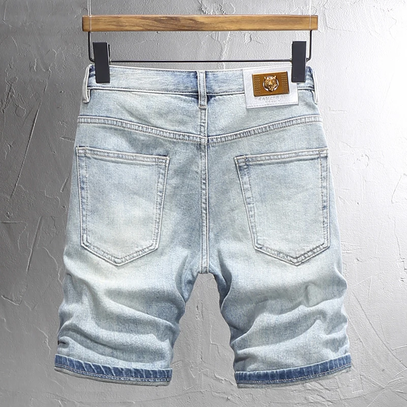 Summer Fashion Men Jeans Retro Light Blue Stretch Slim Fit Ripped Short Jeans Homme Patch Designer Hip Hop Denim Shorts Men