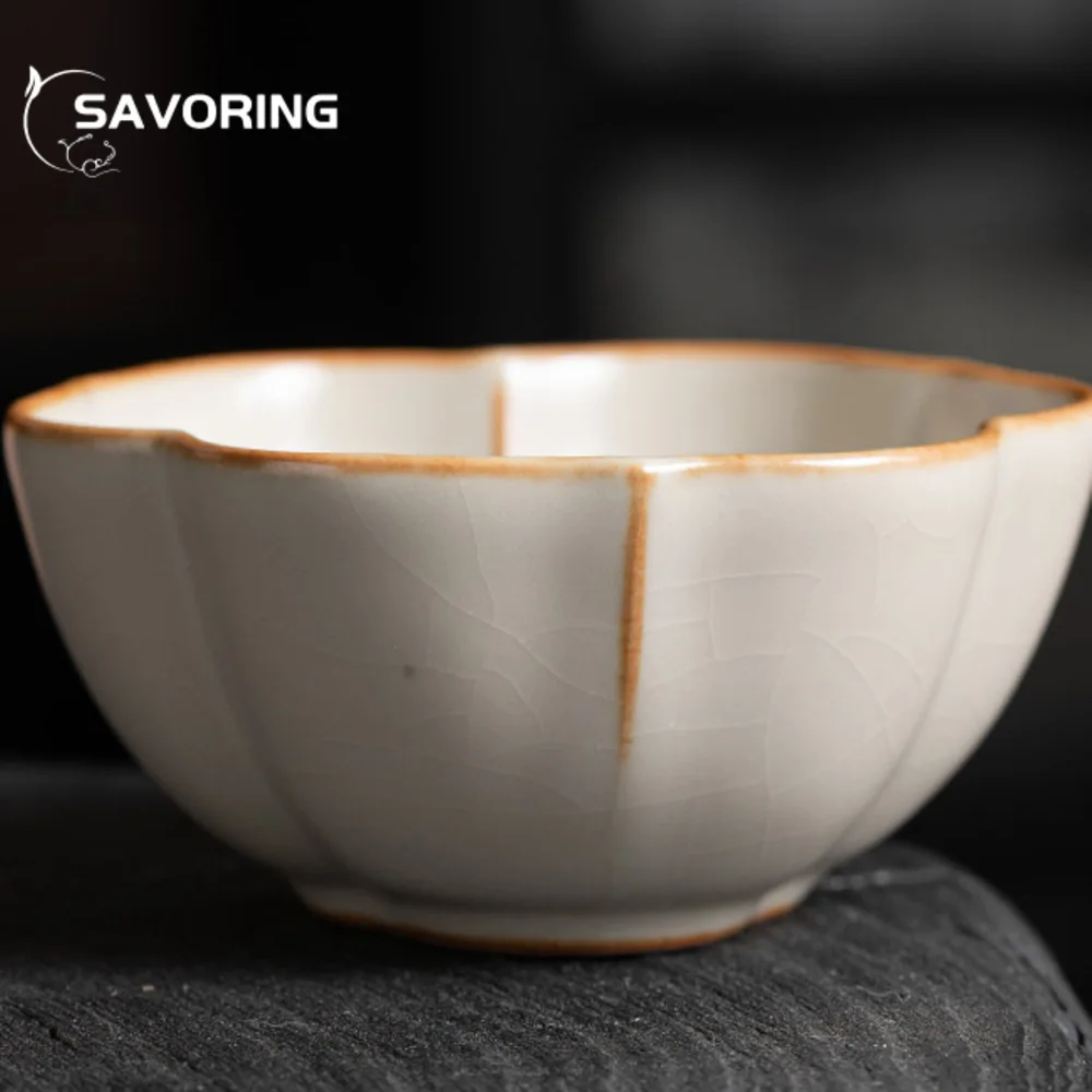 Retro Ru Kiln Porcelain Teacup Creative Opening Tea Bowl Beautiful Petal Tea Cup Smelling Cup Master Cups Tableware Decoration