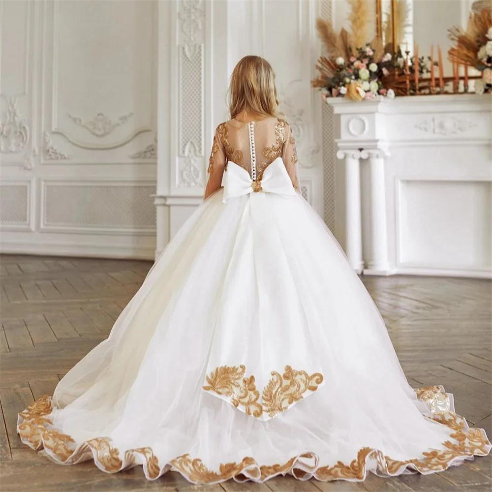 

Luxury Flower Girl Dress Floral Lace Applique Bow Children Wedding Party Gowns New Kids Clothes Princess First Communion Dress